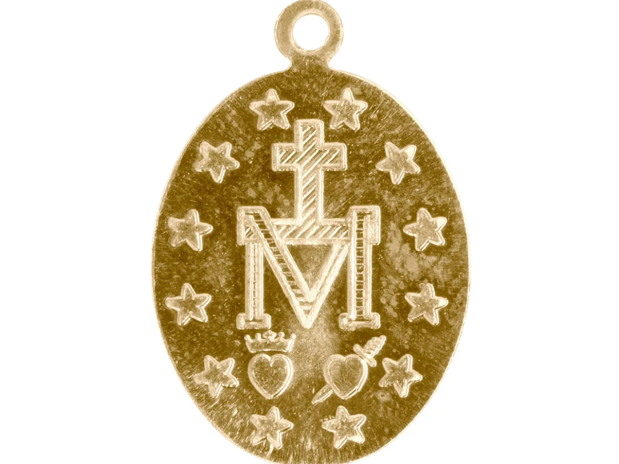 9ct Yellow Gold Pendant Miraculous Medal Pendant, 0.80mm Double Sided, Pierced Our Lady Of Graces Medal 23.5mm, 100% Recycled Gold