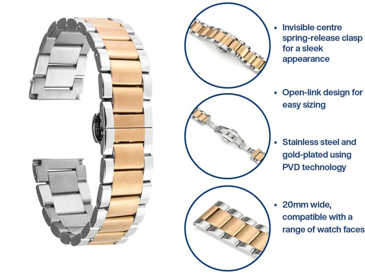 Dual Tone Stainless Steel And Gold Bracelet, Centre Clasp, 20mm