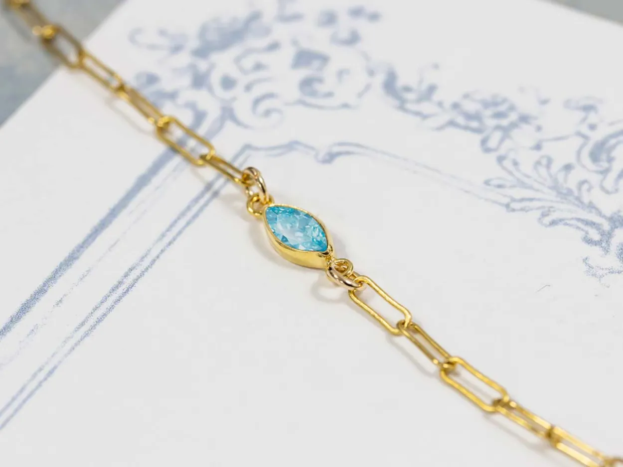 Gold Filled Cubic Zirconia Marquise Bezel Connector Aquamarine, 3mm X 6.0mm