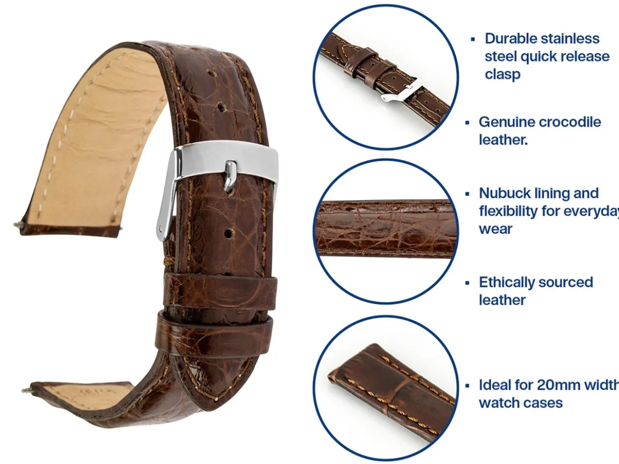 Medium Brown Italian Genuine Crocodile Watch Strap, 20mm