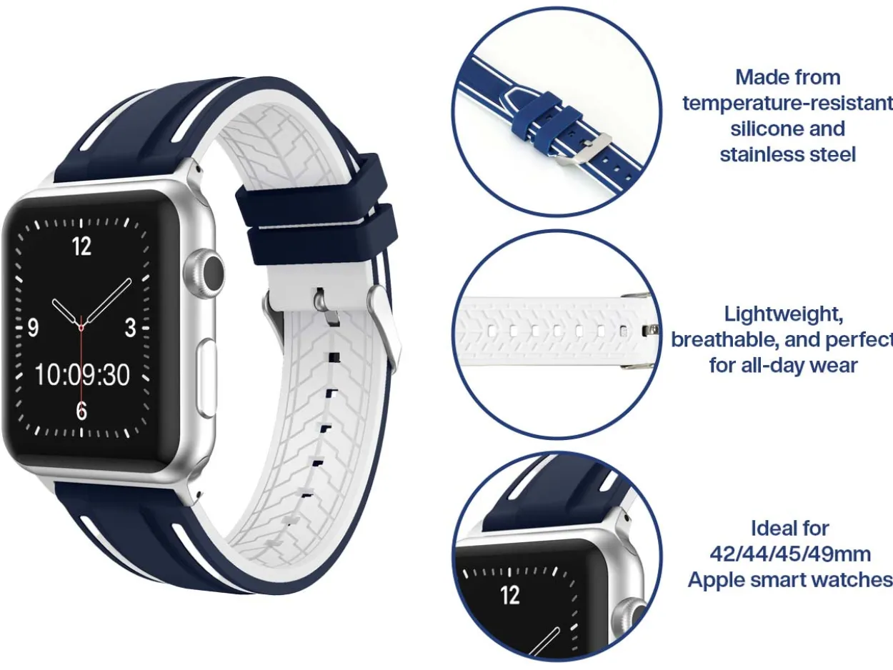 Navy And White Dual Tone Silicone Strap For Apple Watch, Compatible With 42/44/45/49mm Models