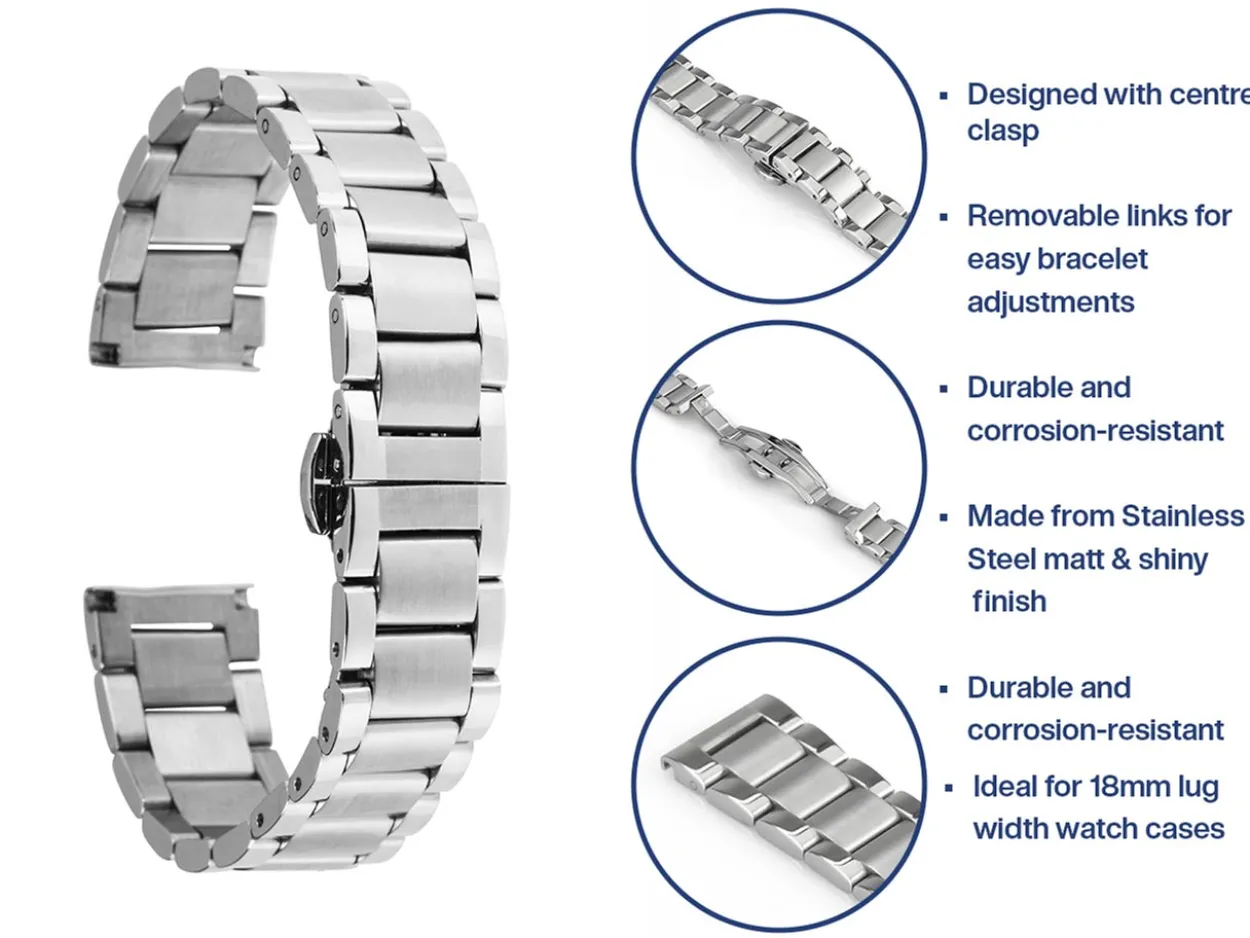 Stainless Steel Watch Bracelet, Centre Clasp, 18mm