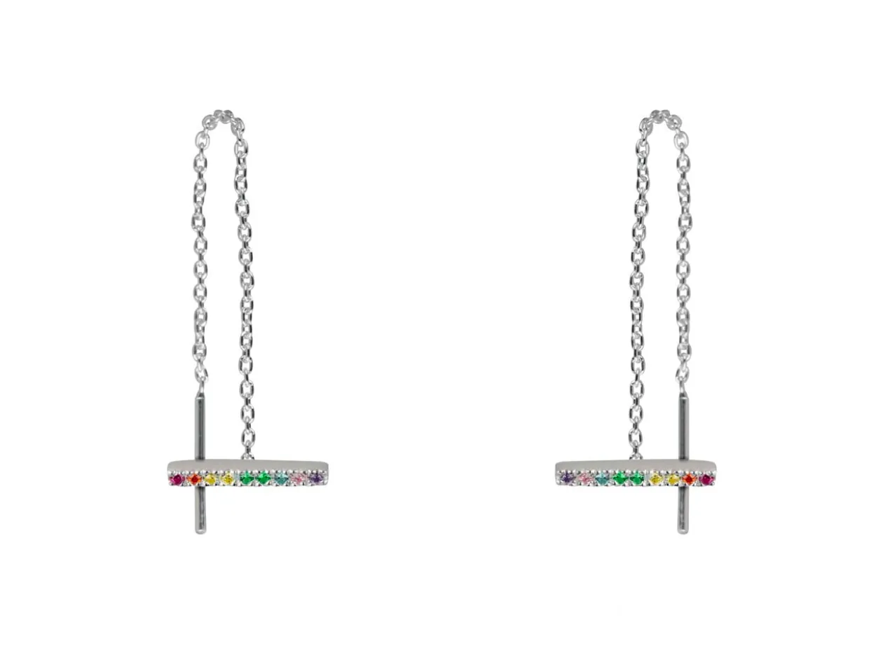 Sterling Silver Bar Design Threader Earrings With Multicolour Cubic Zirconia