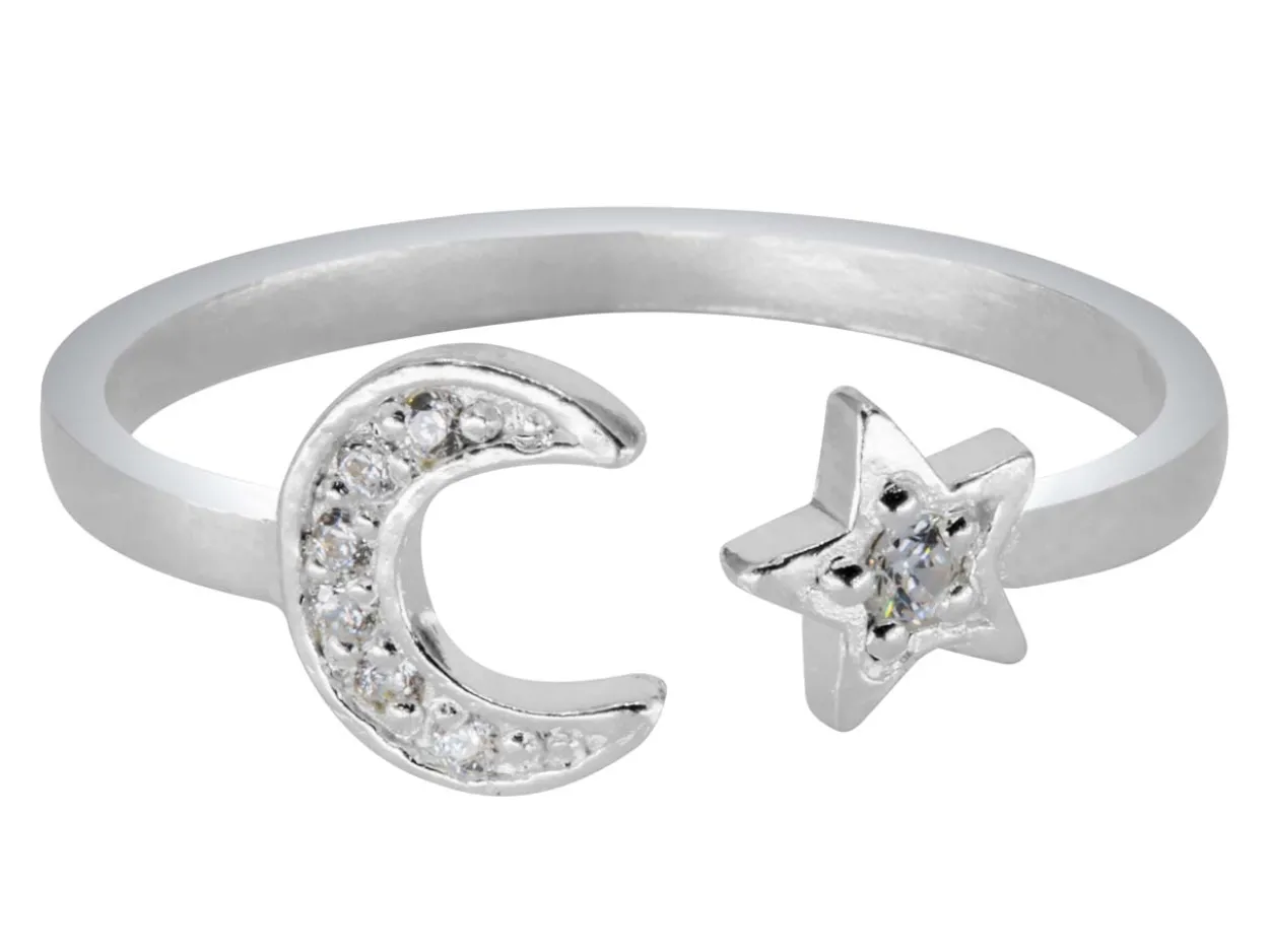 Sterling Silver Cubic Zirconia Moon And Star Design Adjustable Ring