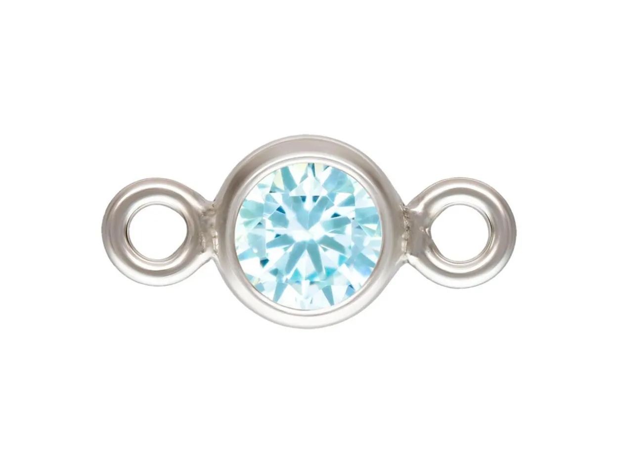Sterling Silver Cubic Zirconia Round Bezel Connector Aquamarine 3mm