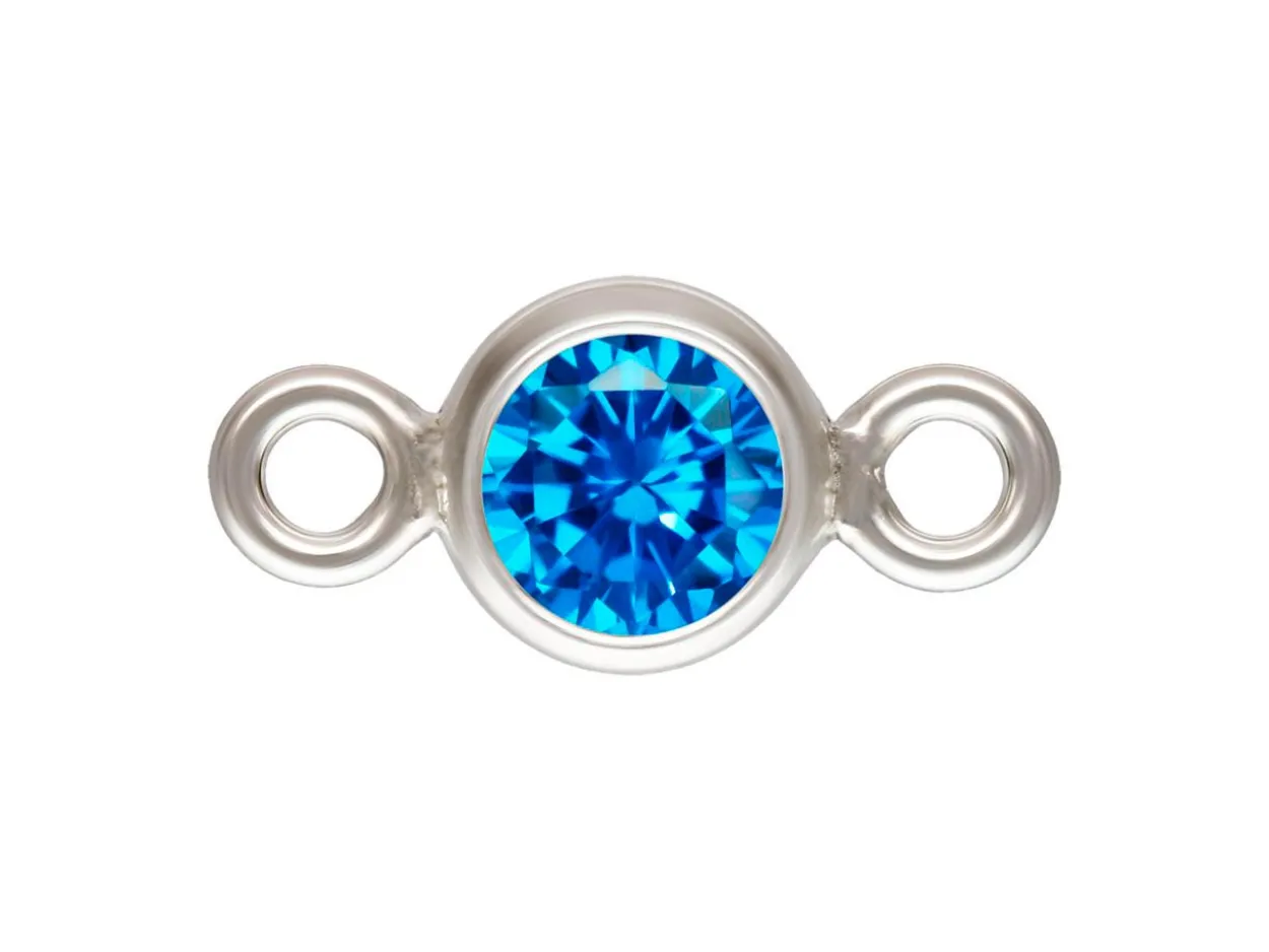 Sterling Silver Cubic Zirconia Round Bezel Connector Aqua Blue 3mm