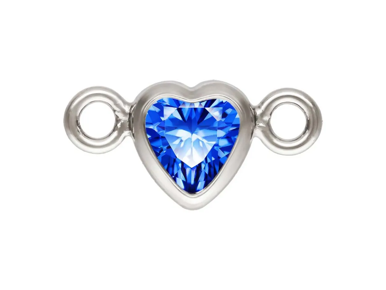 Sterling Silver Cubic Zirconia Heart Bezel Connector Sapphire, 3mm