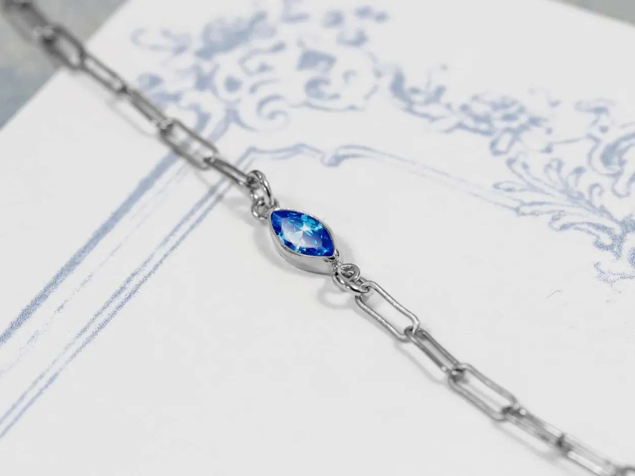 Sterling Silver Cubic Zirconia Marquise Bezel Connector Sapphire, 3mm X 6.0mm