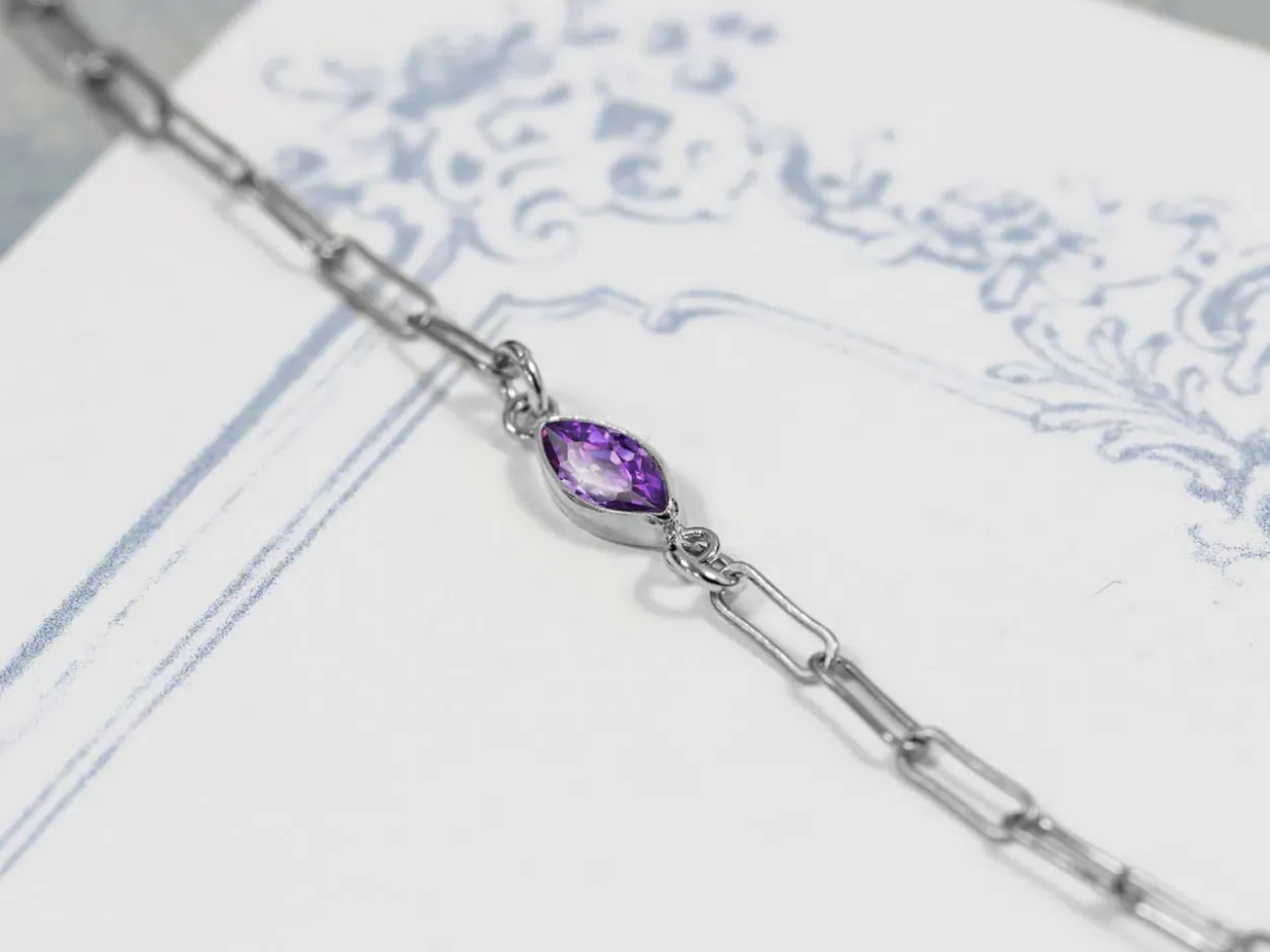 Sterling Silver Cubic Zirconia Marquise Bezel Connector Amethyst, 3mm X 6.0mm