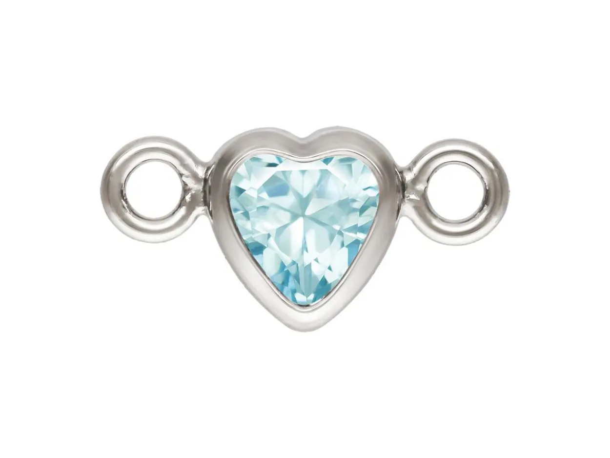 Sterling Silver Cubic Zirconia Heart Bezel Connector Aquamarine, 3mm