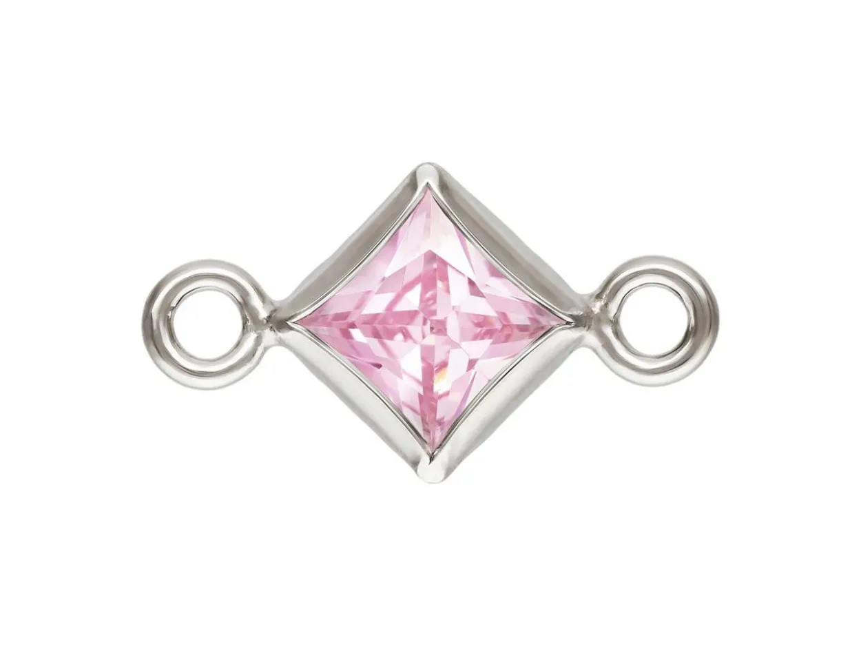 Sterling Silver Cubic Zirconia Square Bezel Connector Pink, 3mm