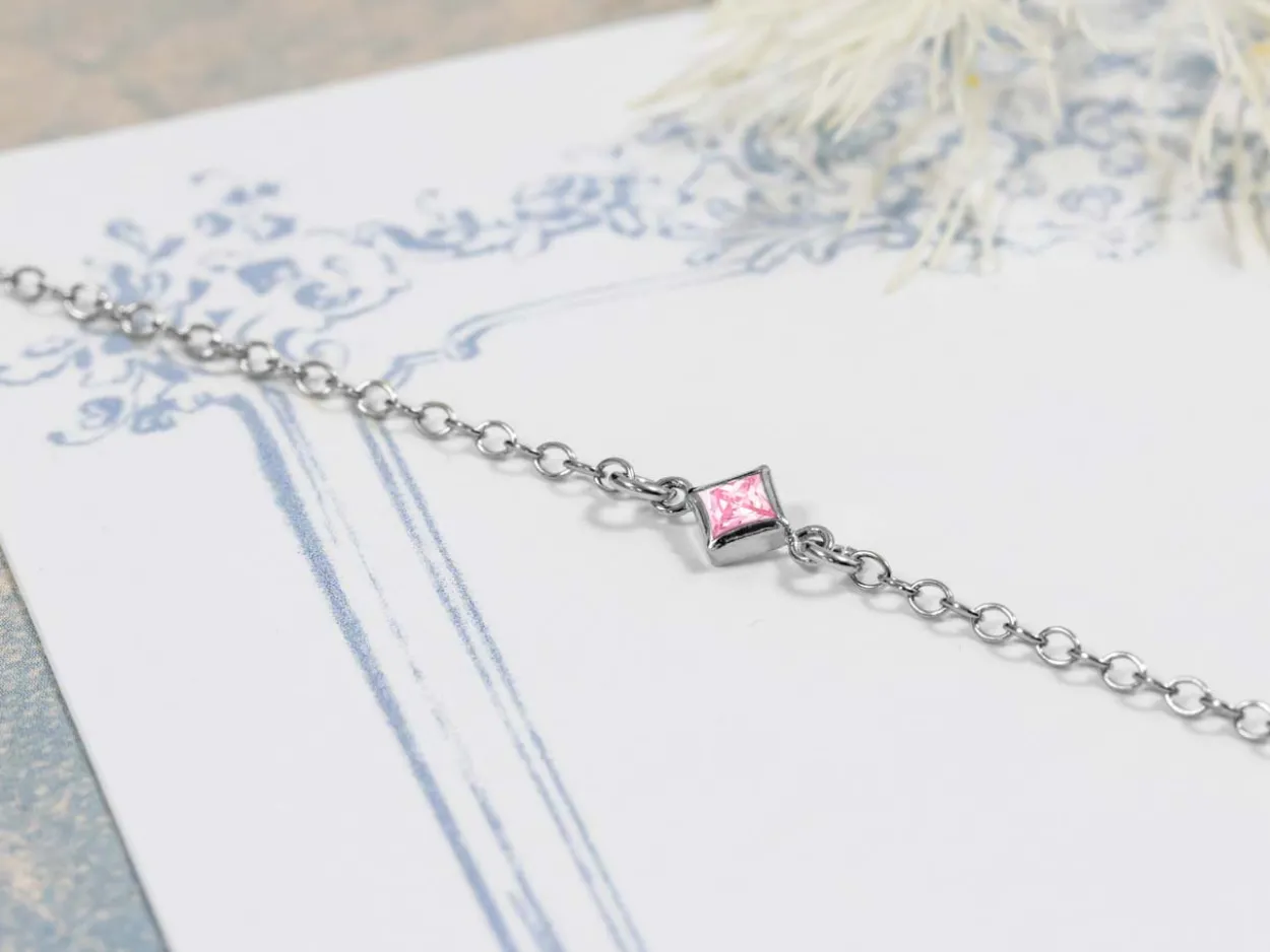 Sterling Silver Cubic Zirconia Square Bezel Connector Pink, 3mm