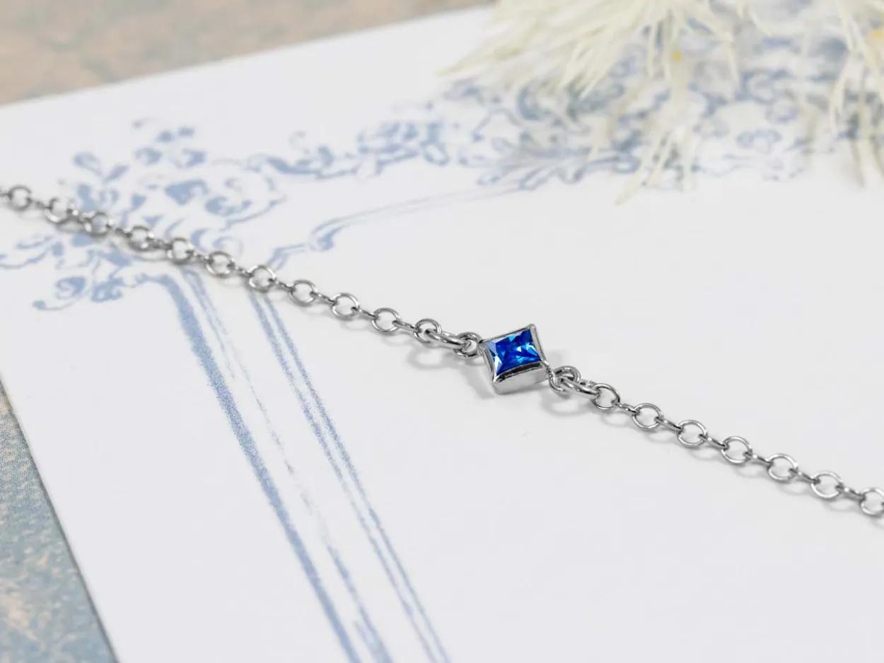 Sterling Silver Cubic Zirconia Square Bezel Connector Sapphire, 3mm