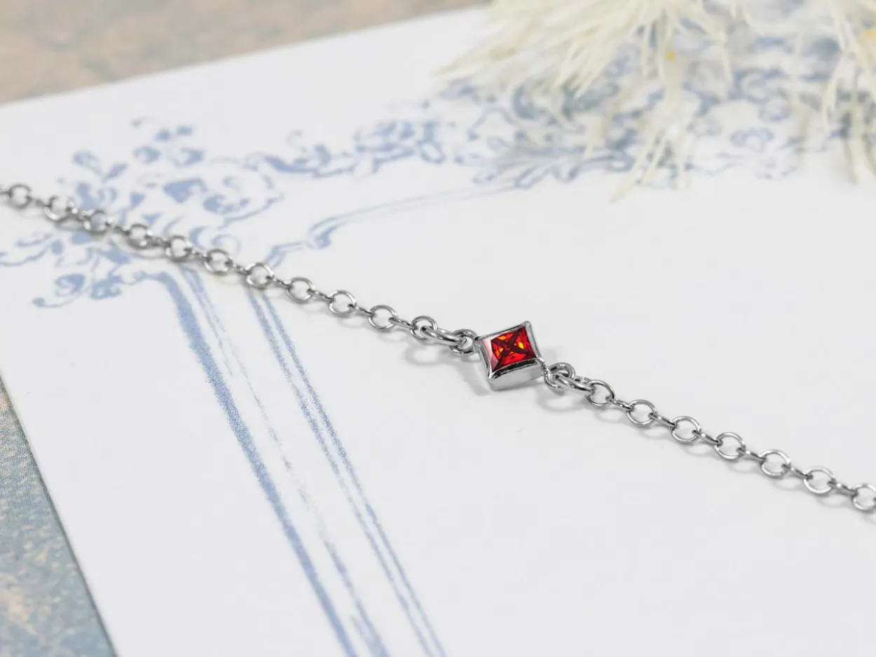 Sterling Silver Cubic Zirconia Square Bezel Connector Garnet, 3mm