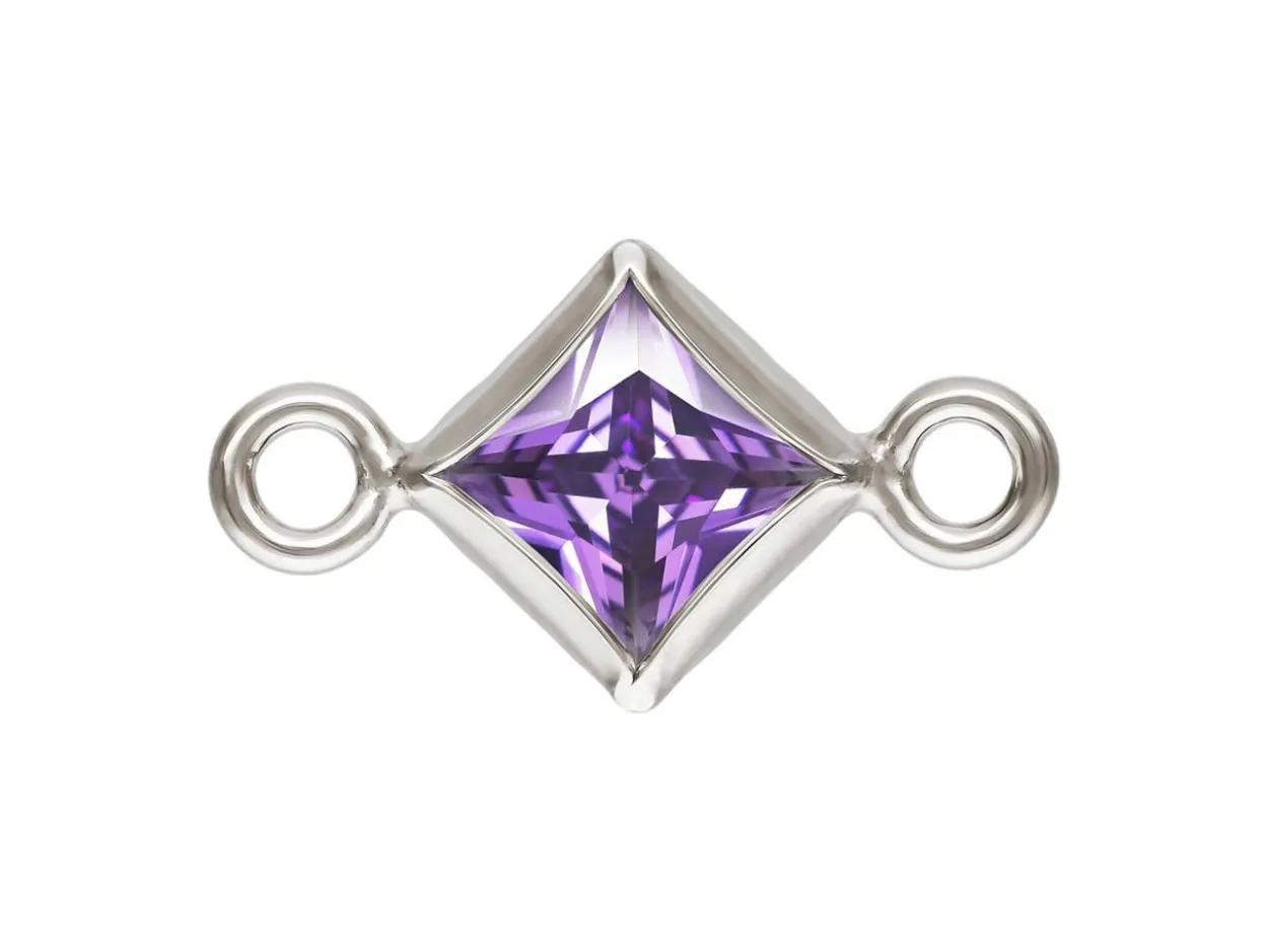 Sterling Silver Cubic Zirconia Square Bezel Connector Amethyst, 3mm