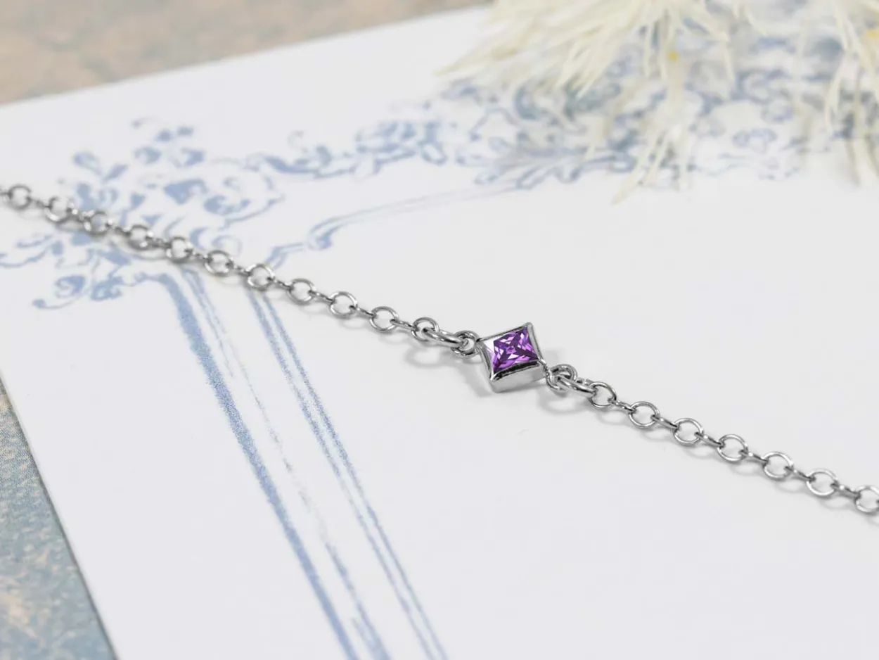 Sterling Silver Cubic Zirconia Square Bezel Connector Amethyst, 3mm