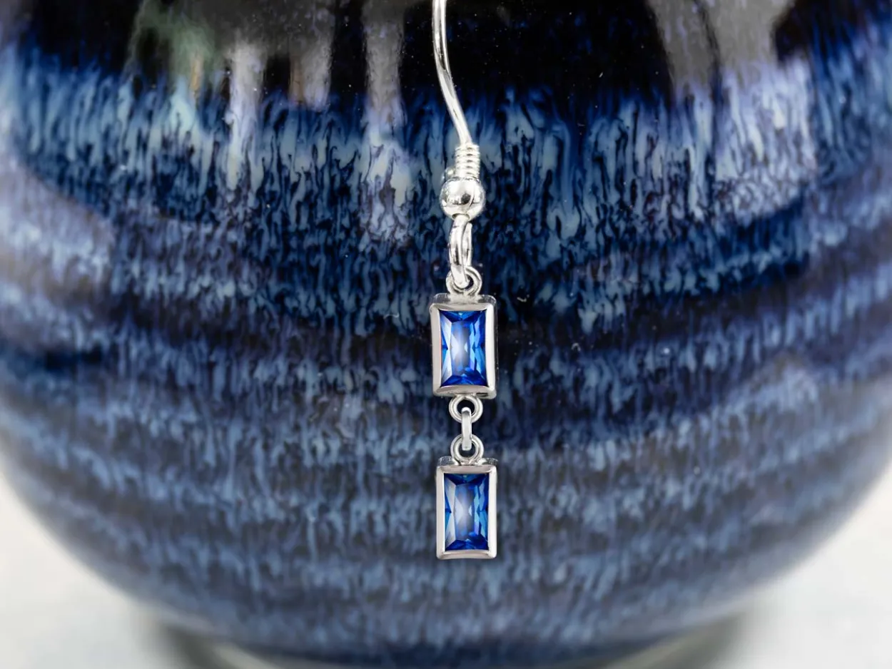 Sterling Silver Cubic Zirconia Rectangle Bezel Drop Connector Sapphire, 3mm X 5mm