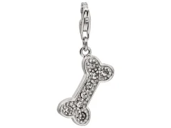 Sterling Silver Dog Bone Design Charm With Cubic Zirconia And Carabiner Lobster Trigger Clasp Catch