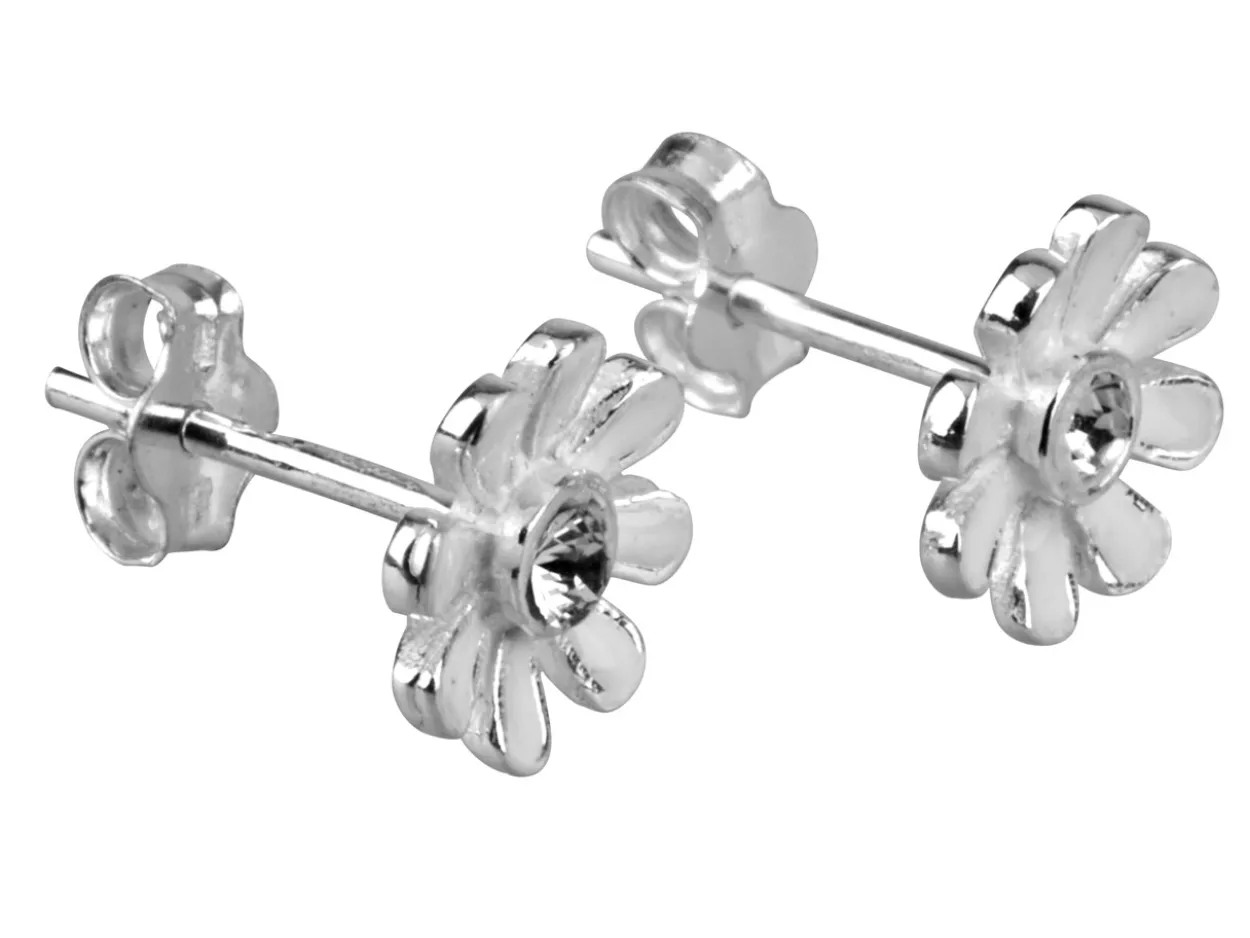 Sterling Silver Earrings Cubic Zirconia White Enamel Flower Stud