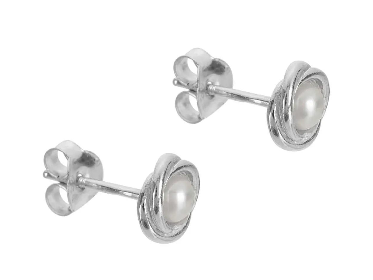 Sterling Silver Fresh Water Cultured Pearls Knot Stud Earrings
