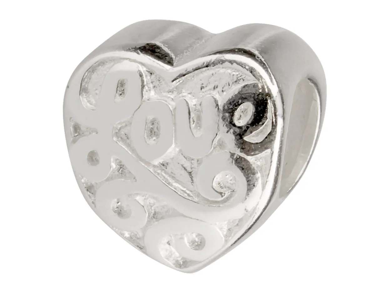 Sterling Silver Heart Charm Bead With 'love'