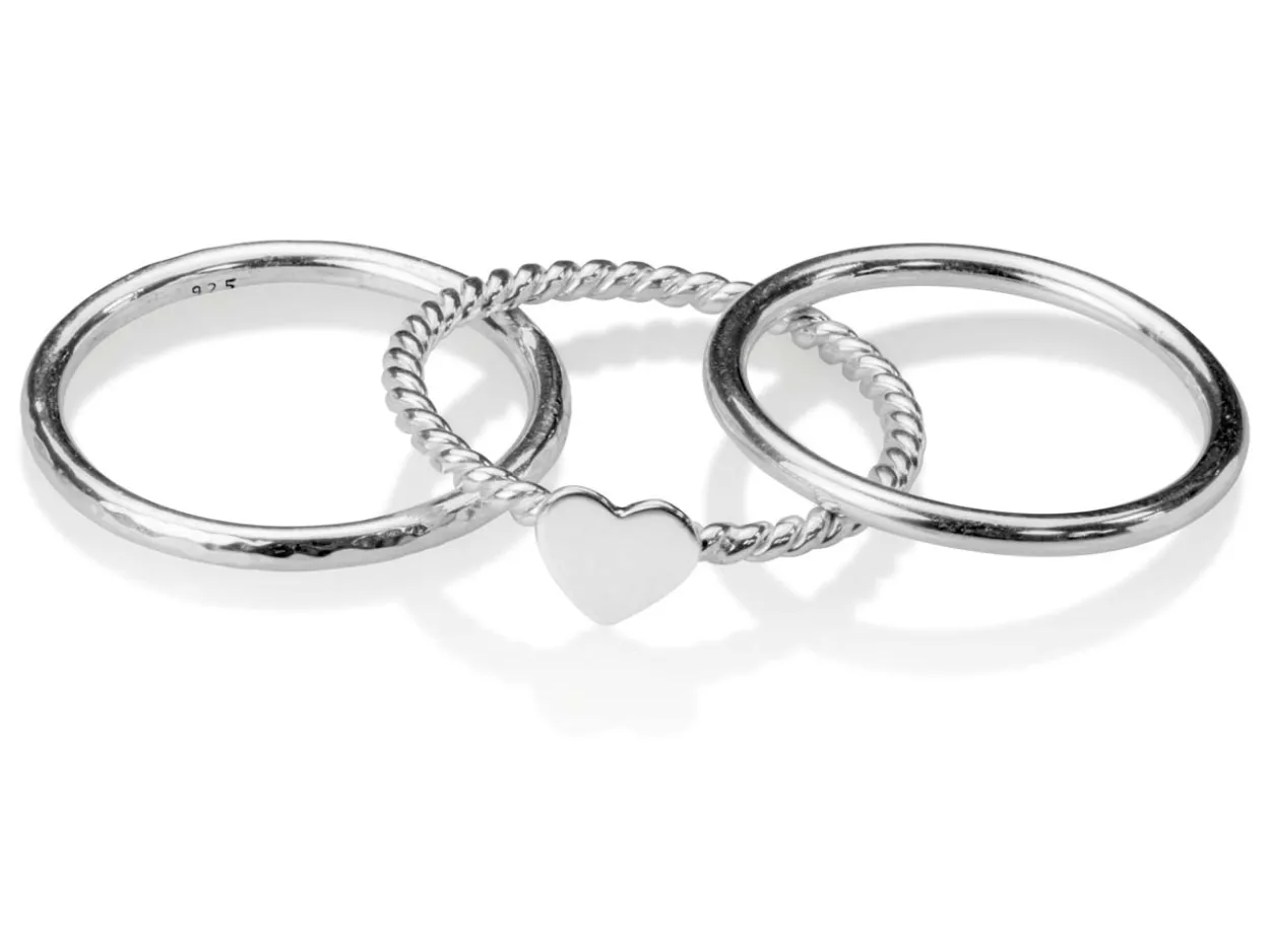 Sterling Silver Heart Design Three Stacking Rings, Size O
