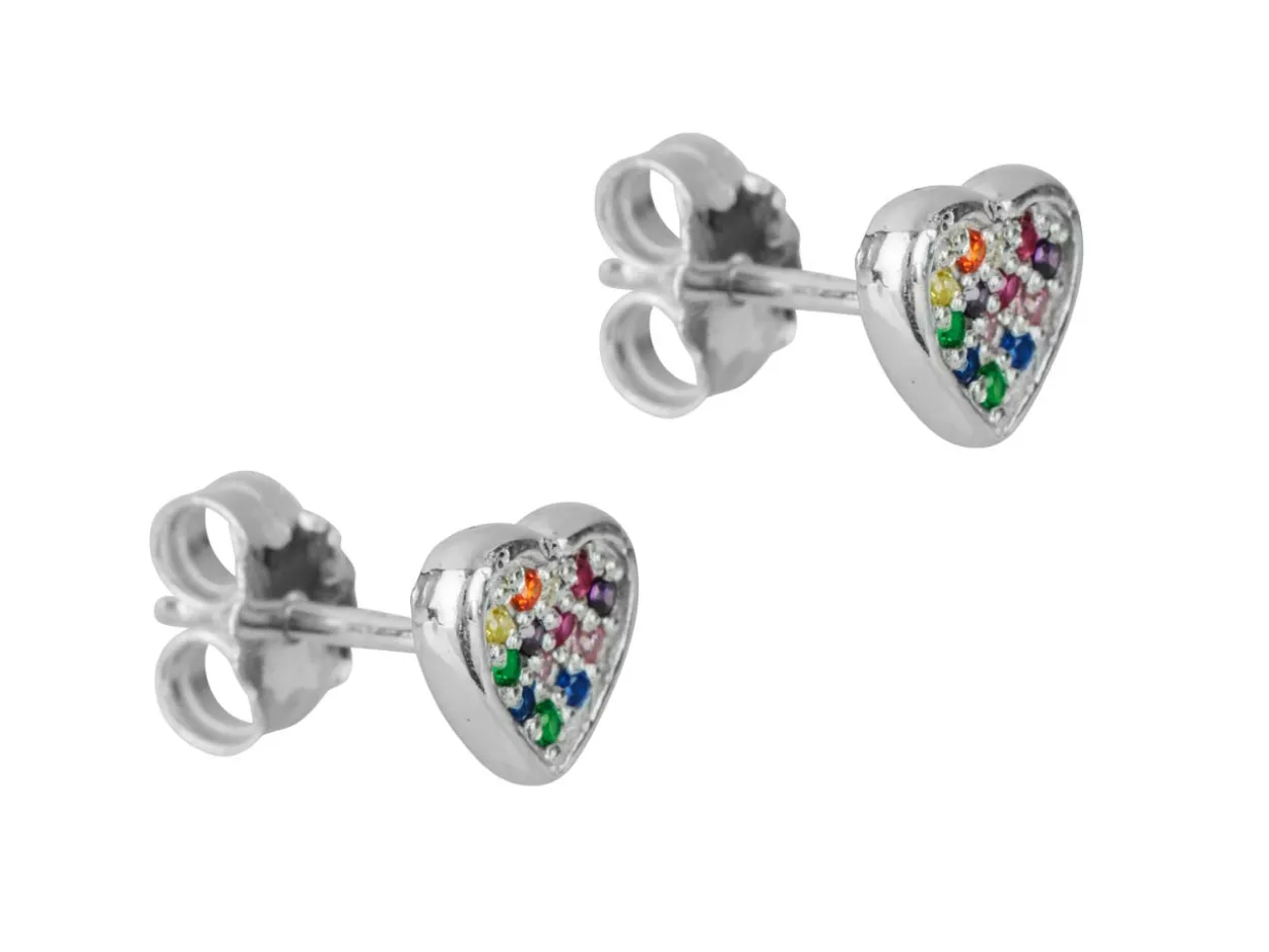 Sterling Silver Heart Design Earrings With Multicolour Cubic Zirconia