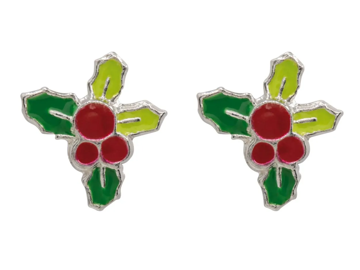Sterling Silver Holly Design Stud Earrings
