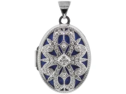 Sterling Silver Locket 21mm Filigree Oval Set With 0.005ct Diamond