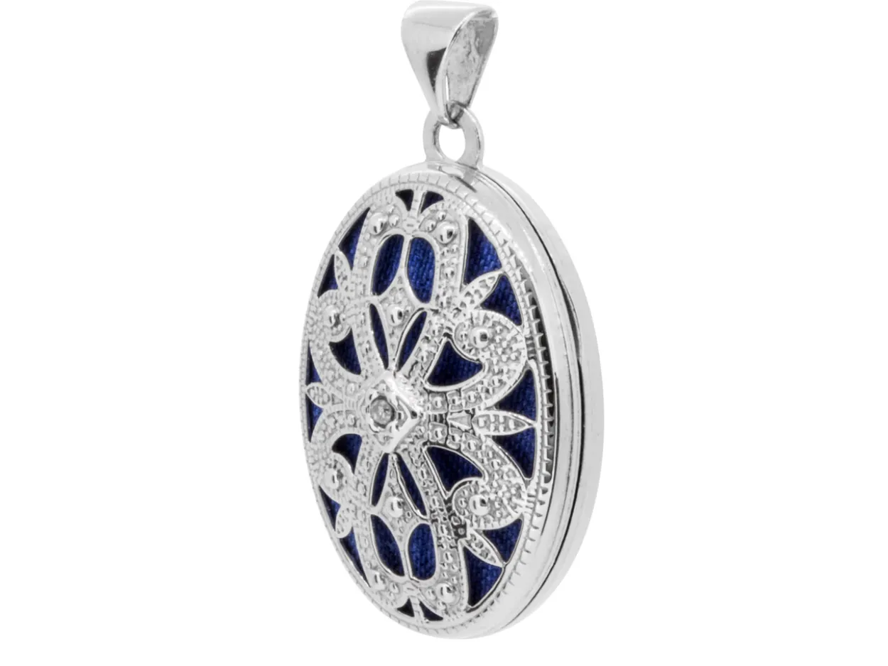 Sterling Silver Locket 21mm Filigree Oval Set With 0.005ct Diamond