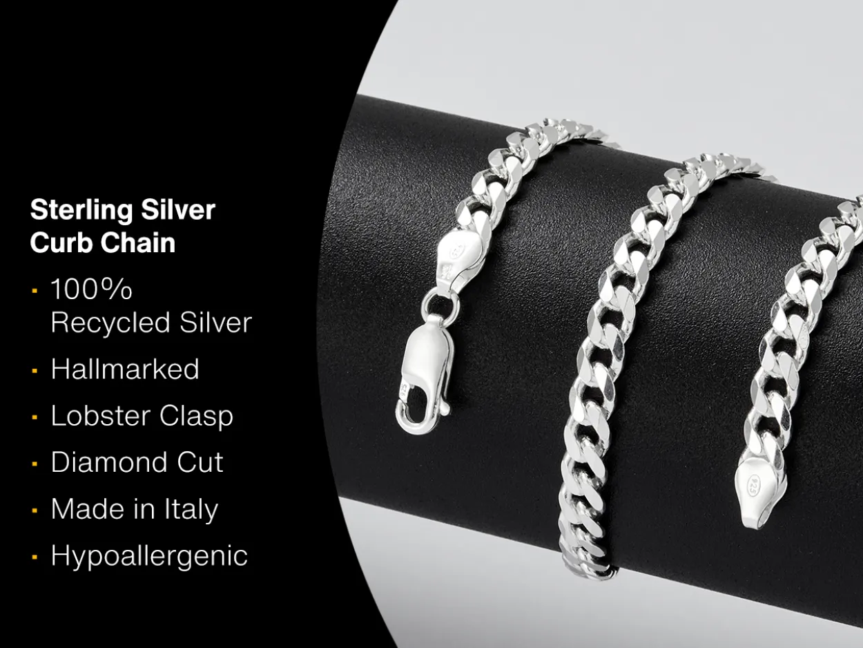 Sterling Silver 5.5mm Filed Bevelled Curb Chain 20"/50cm Hallmarked, 100% Recycled Silver