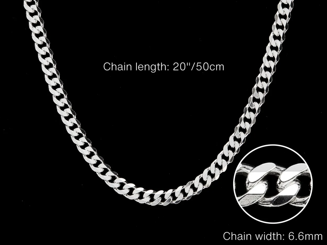 Sterling Silver 6.6mm Filed Bevelled Curb Chain 20"/50cm Hallmarked, 100% Recycled Silver