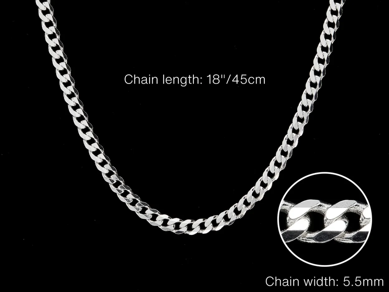 Sterling Silver 5.5mm Filed Bevelled Curb Chain 18"/45cm Hallmarked, 100% Recycled Silver