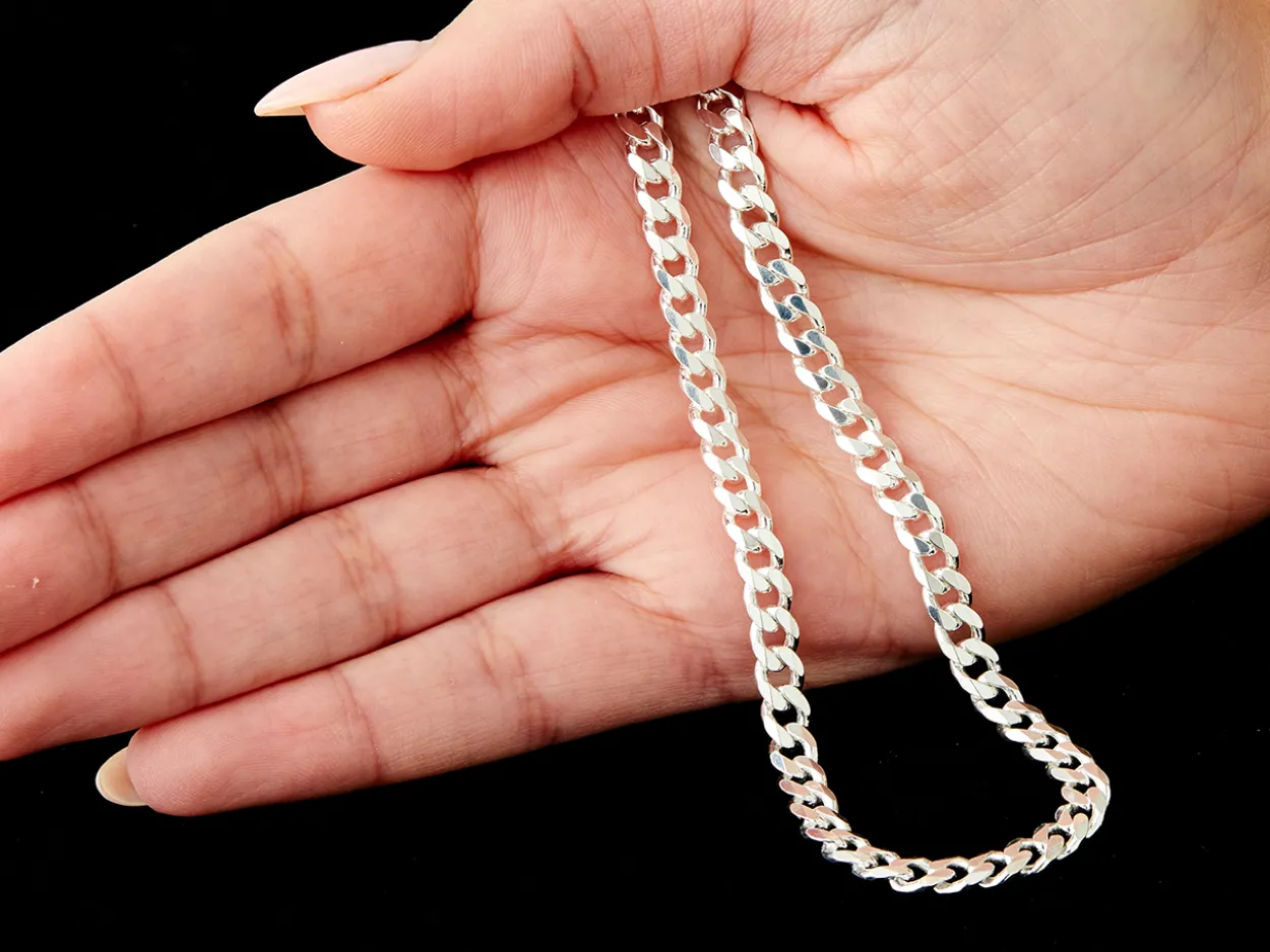 Sterling Silver 5.5mm Filed Bevelled Curb Chain 18"/45cm Hallmarked, 100% Recycled Silver