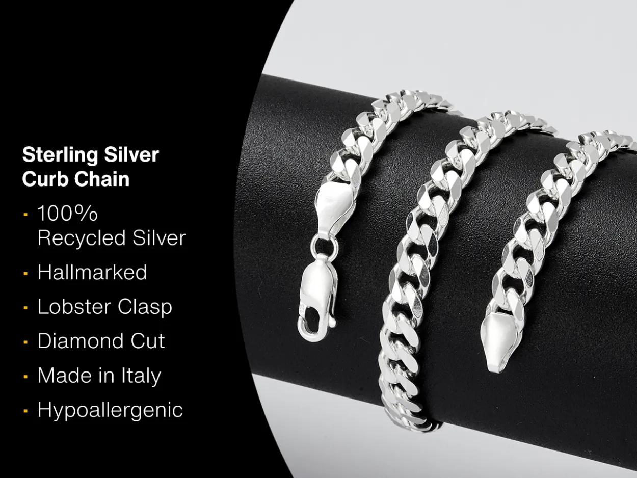 Sterling Silver 6.6mm Filed Bevelled Curb Chain 18"/45cm Hallmarked, 100% Recycled Silver