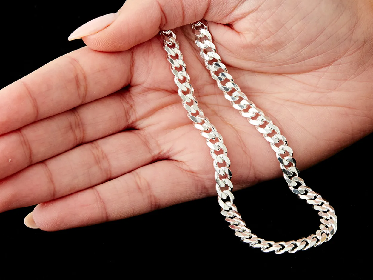 Sterling Silver 6.6mm Filed Bevelled Curb Chain 18"/45cm Hallmarked, 100% Recycled Silver