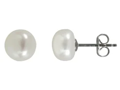 Sterling Silver 8mm-9mm Button White Pearl Stud Earrings