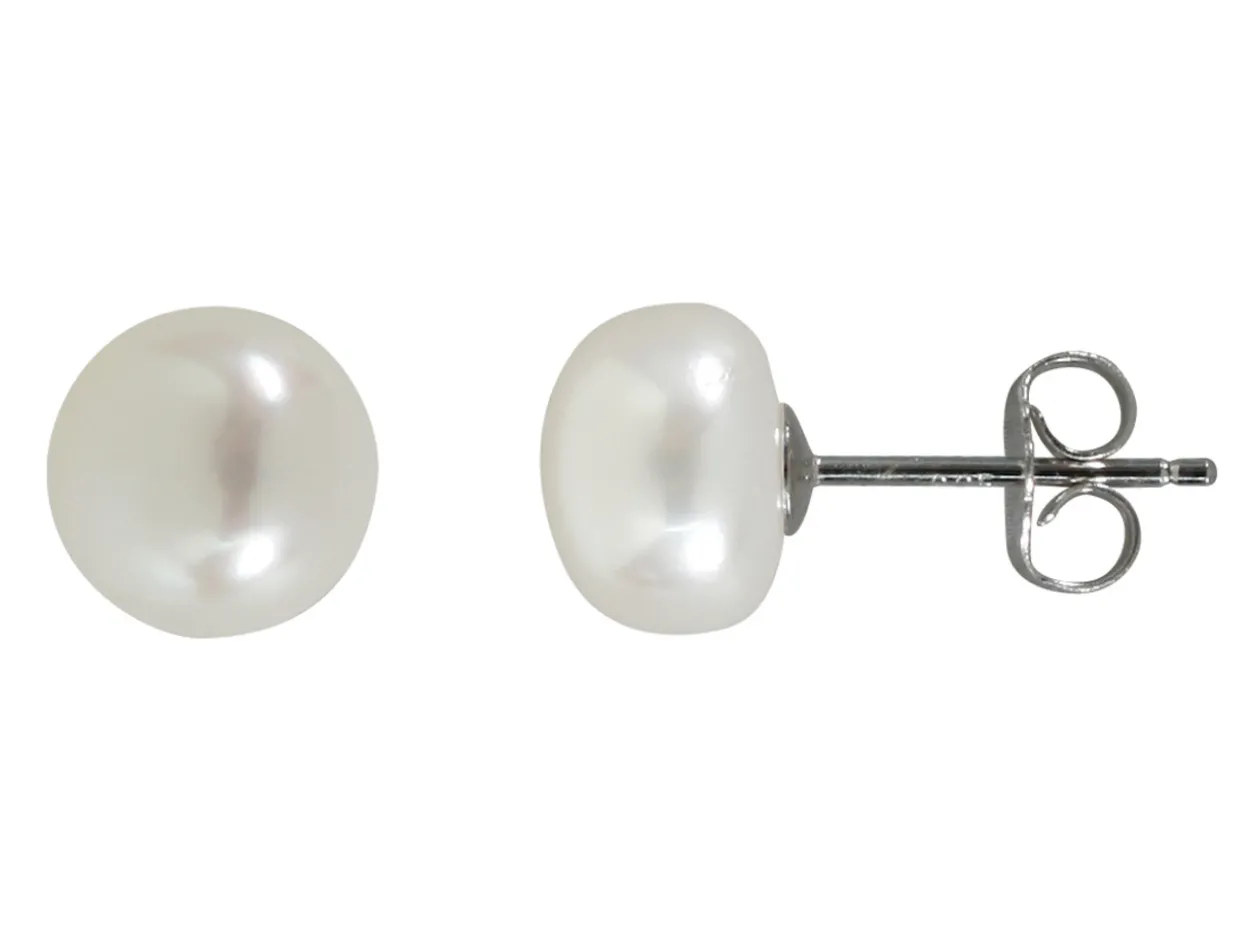Sterling Silver 8mm-9mm Button White Pearl Stud Earrings