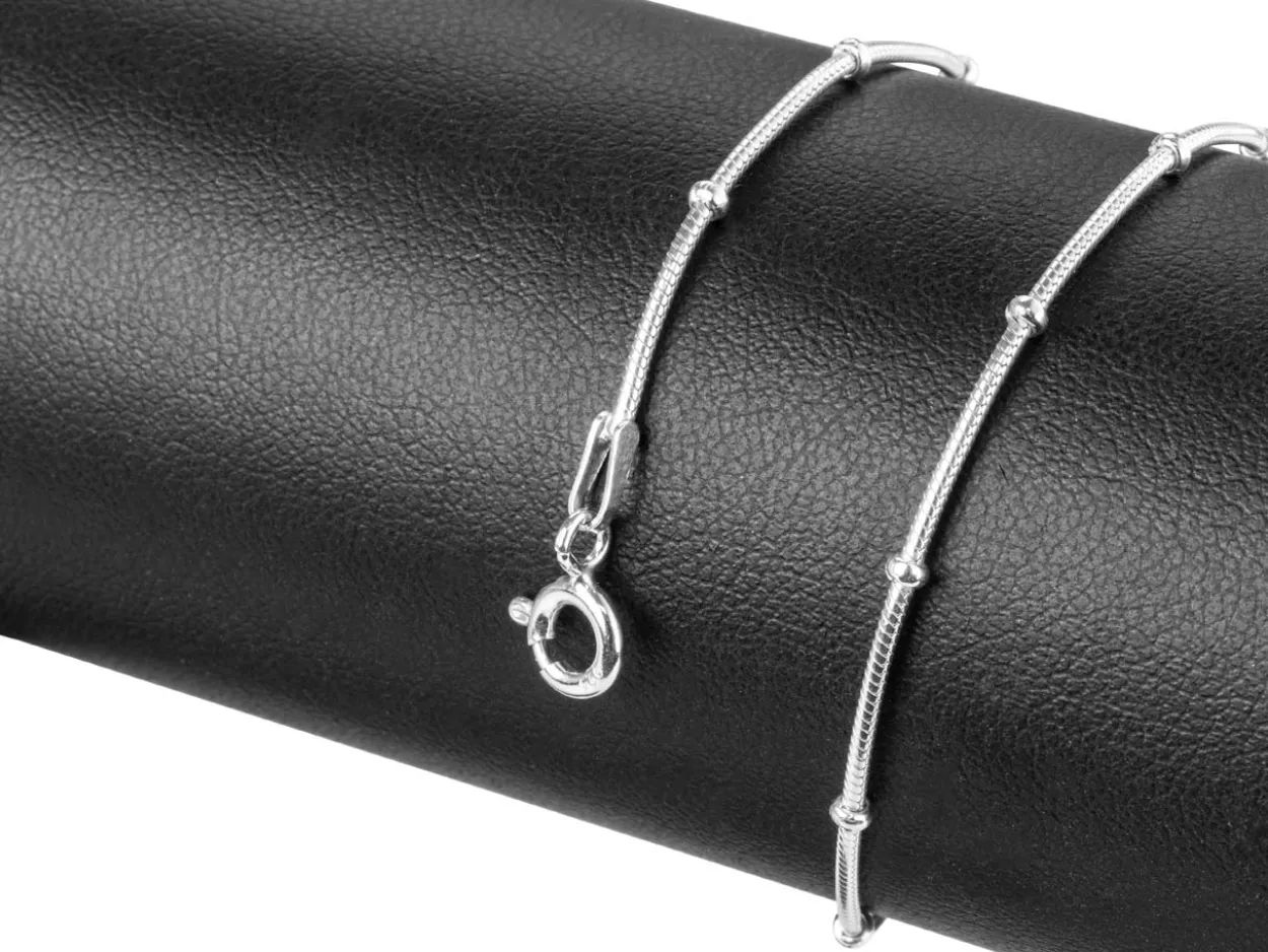 Sterling Silver 1.9mm Round Snake Chain Withwith Bead Station Bracelet 7.5"/19cm Unhallmarked