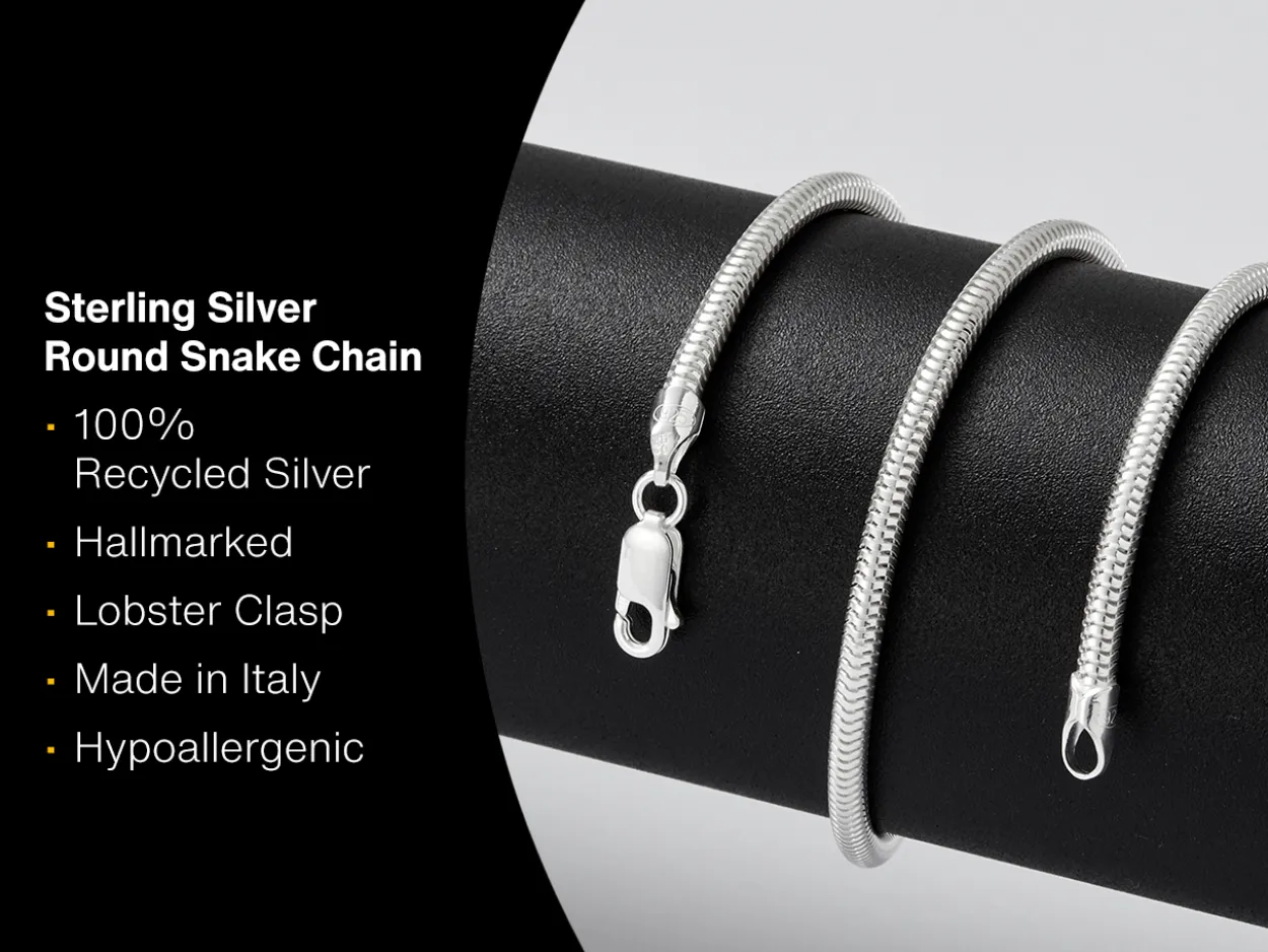 Sterling Silver 3.0mm Round Snake Chain 18"/45cm Hallmarked, 100% Recycled Silver