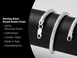 Sterling Silver 5.0mm Round Snake Chain 16"/40cm Hallmarked, 100% Recycled Silver