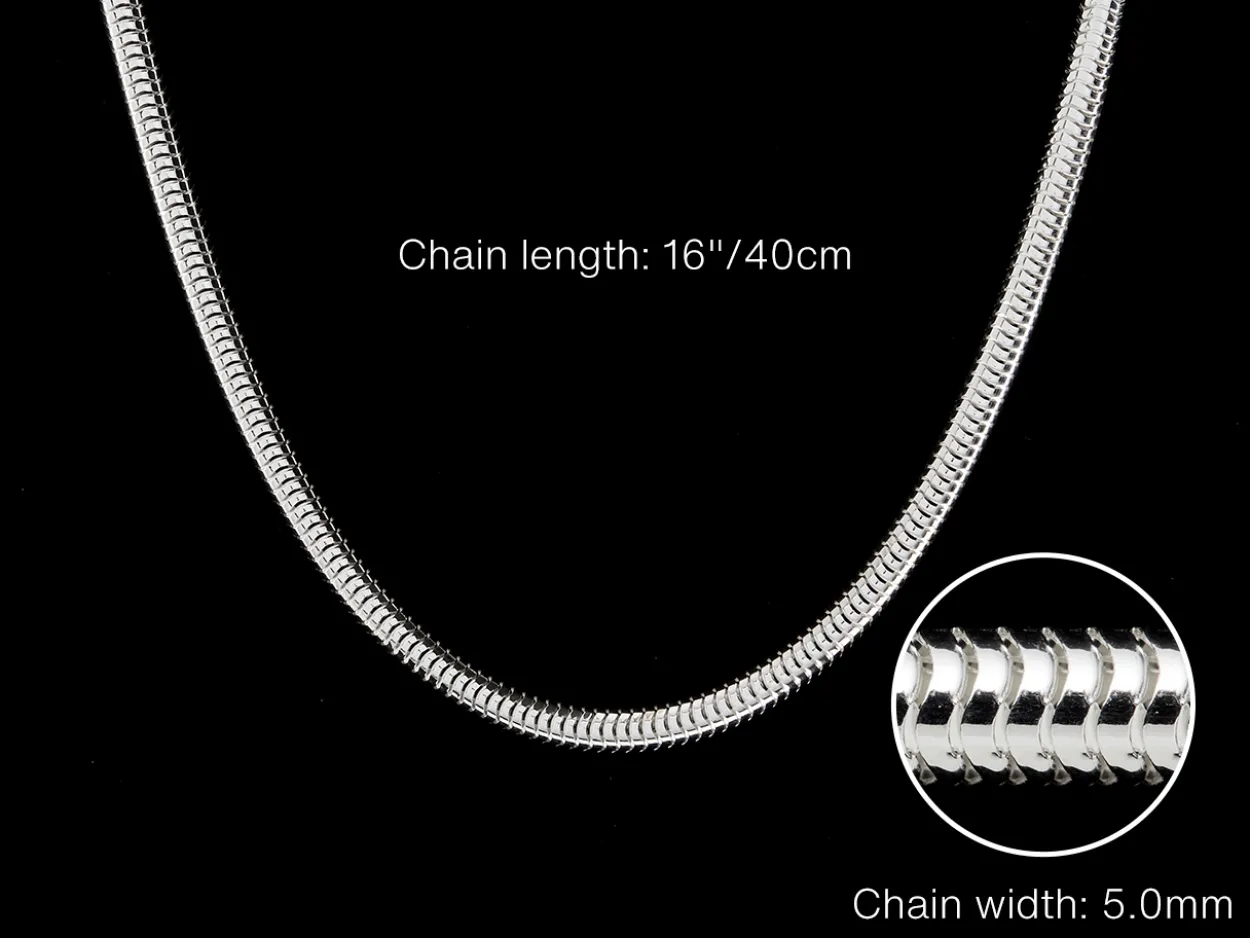 Sterling Silver 5.0mm Round Snake Chain 16"/40cm Hallmarked, 100% Recycled Silver