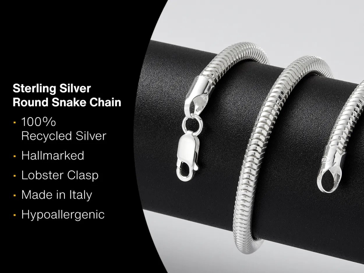 Sterling Silver 5.0mm Round Snake Chain 18"/45cm Hallmarked, 100% Recycled Silver
