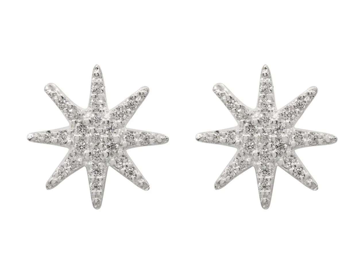 Sterling Silver Octogram Star Design Stud Earrings With Cubic Zirconia