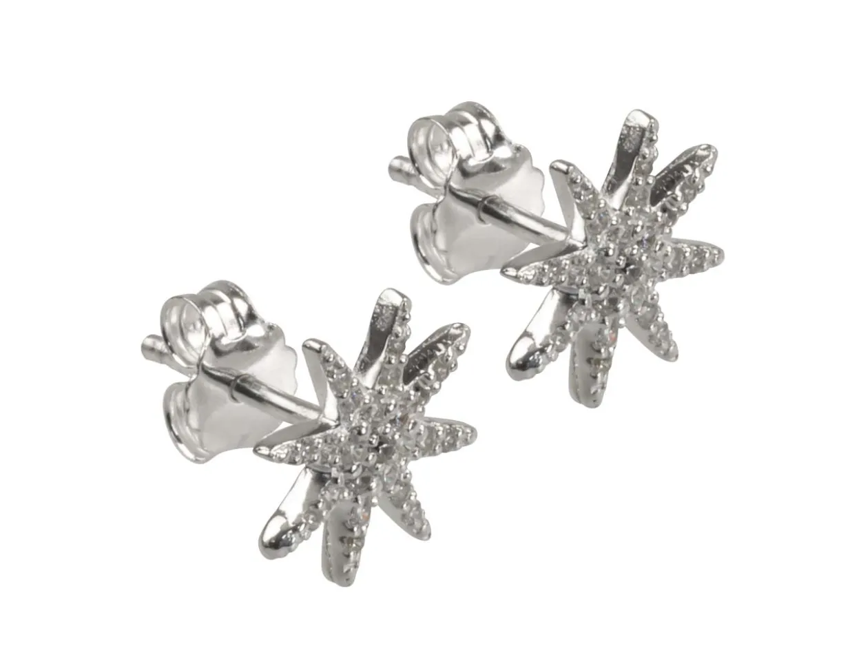 Sterling Silver Octogram Star Design Stud Earrings With Cubic Zirconia