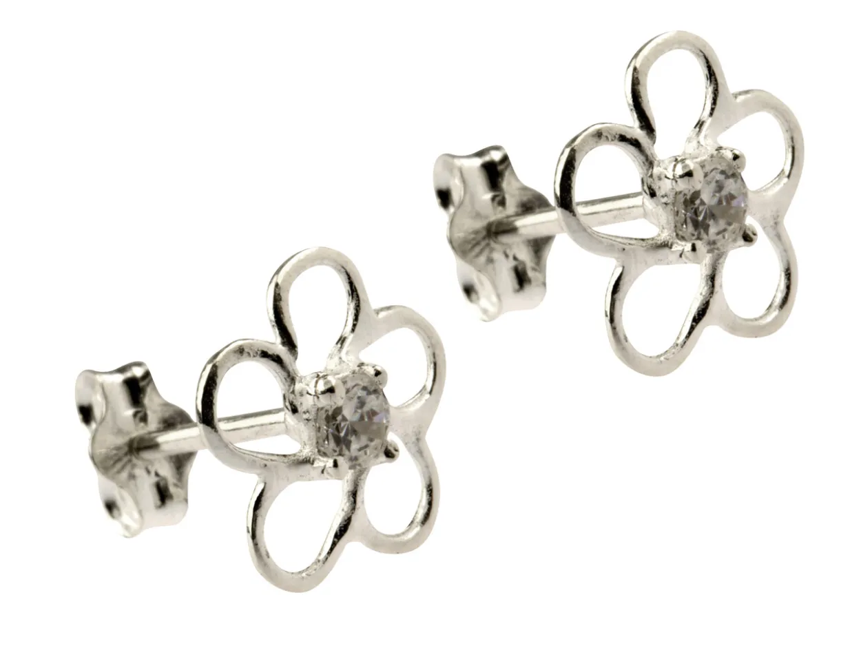 Sterling Silver Outline Flower Stud Earrings Set With Cubic Zirconia