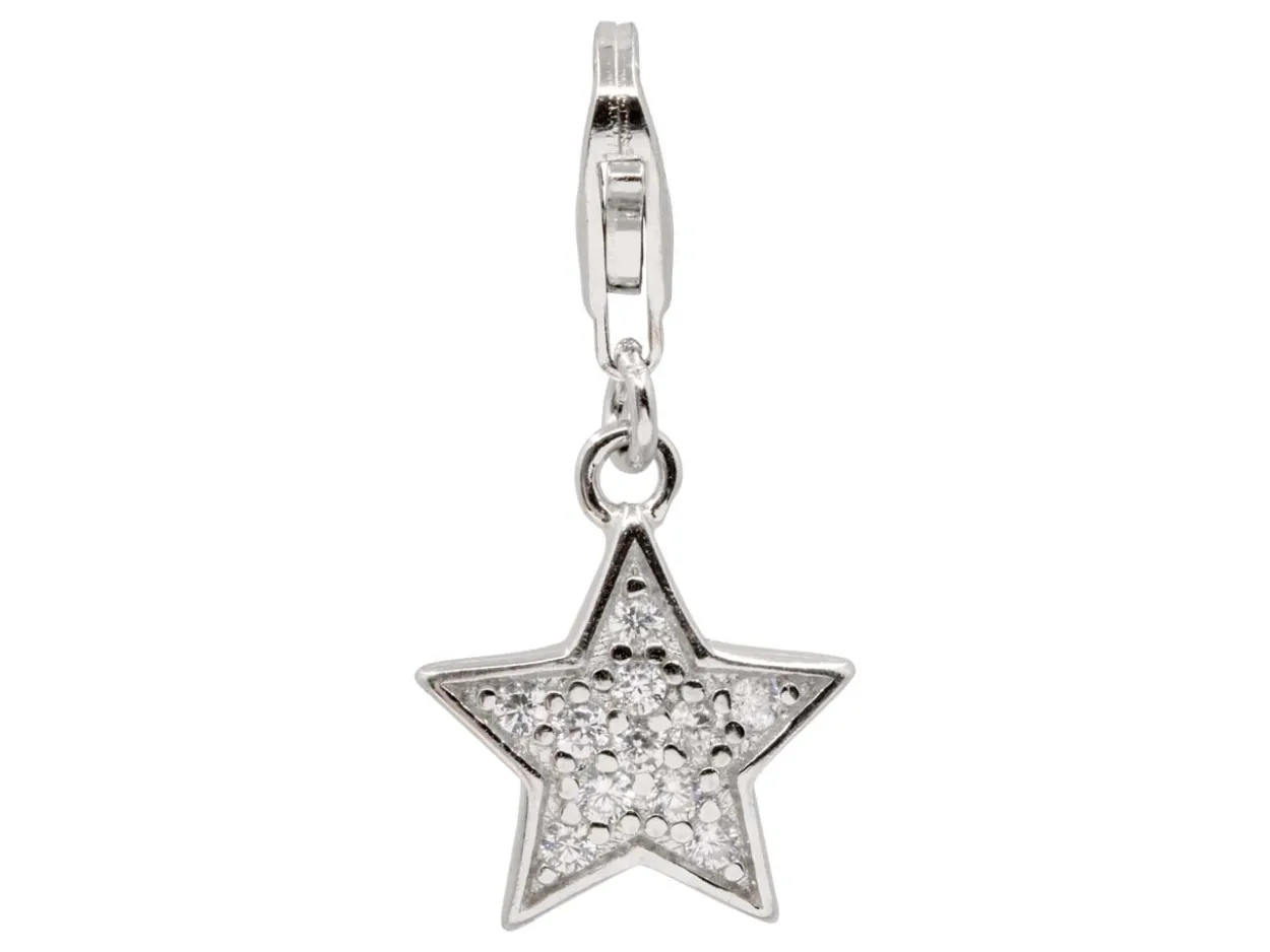 Sterling Silver Star Design Charm With Cubic Zirconia And Carabiner Lobster Trigger Clasp Catch