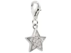 Sterling Silver Star Design Charm With Cubic Zirconia And Carabiner Lobster Trigger Clasp Catch