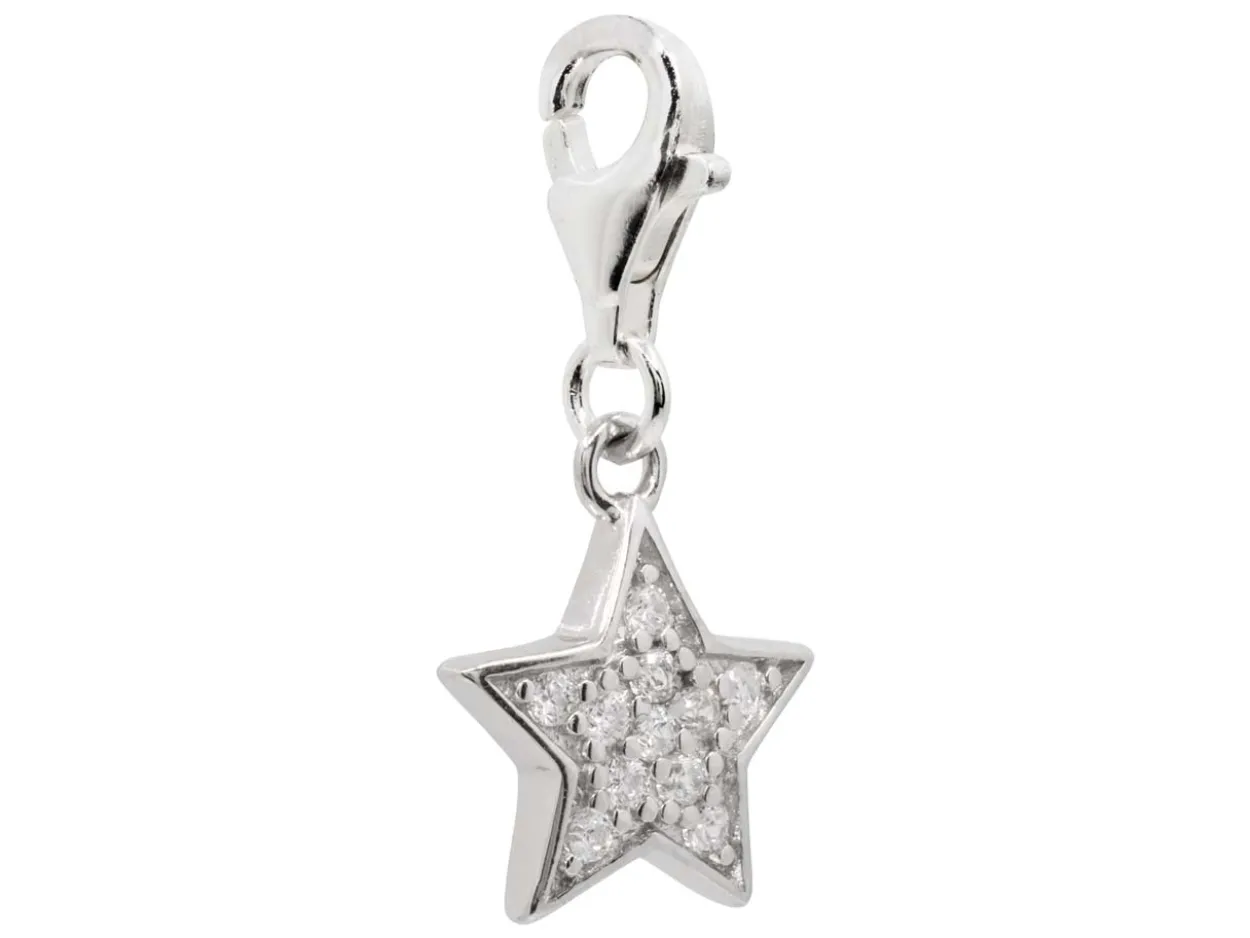 Sterling Silver Star Design Charm With Cubic Zirconia And Carabiner Lobster Trigger Clasp Catch