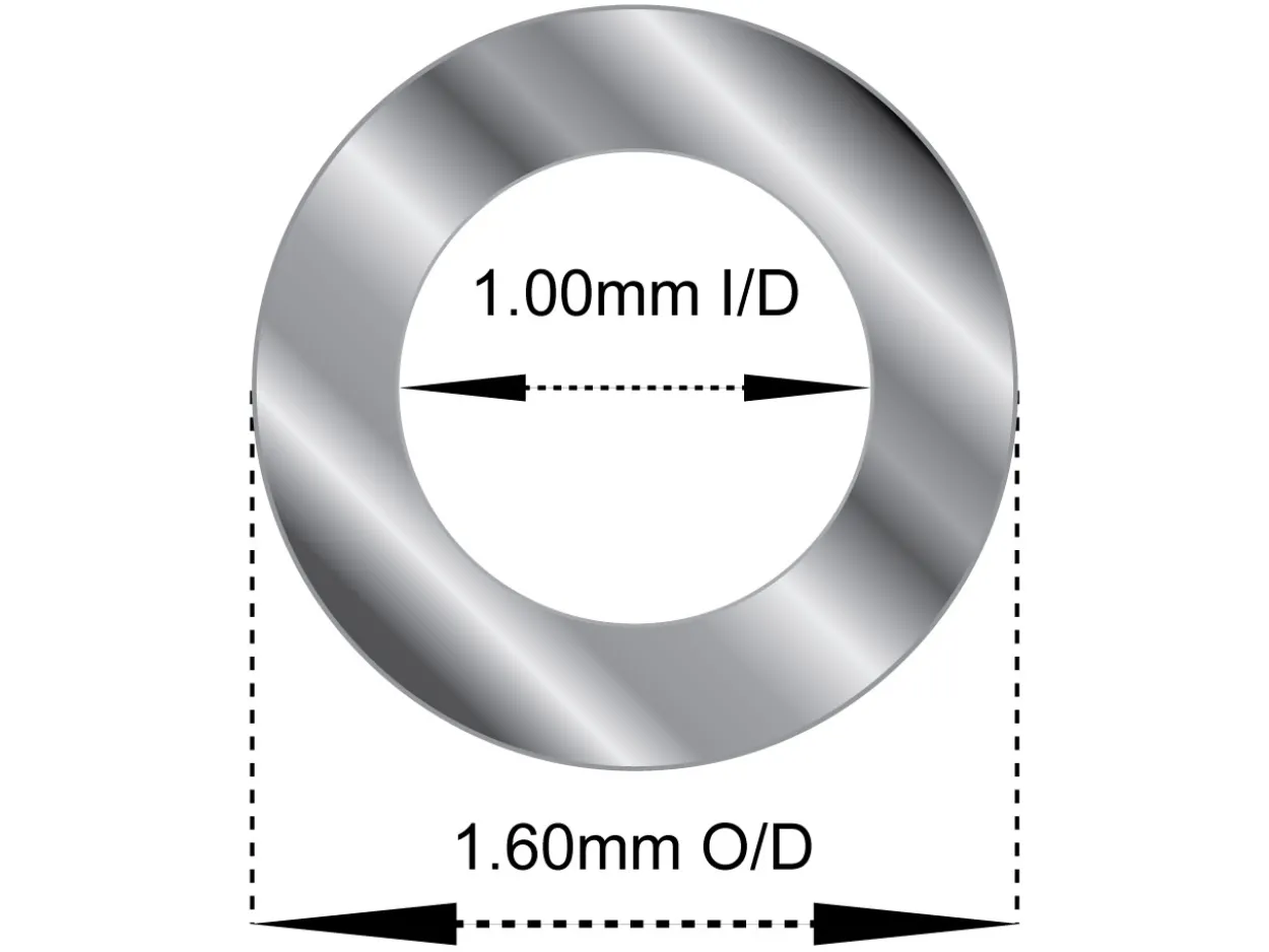 Sterling Silver Tube, Ref 12, Outside Diameter 1.6mm, Inside Diameter 1.0mm, 0.3mm Wall Thickness, 100% Recycled Silver